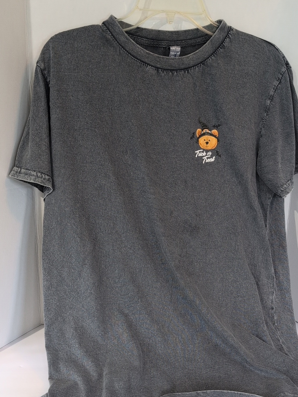 Simply Southern Vintage-Style Black Tee with Cute Bear Patch, Halloween- Sz L
